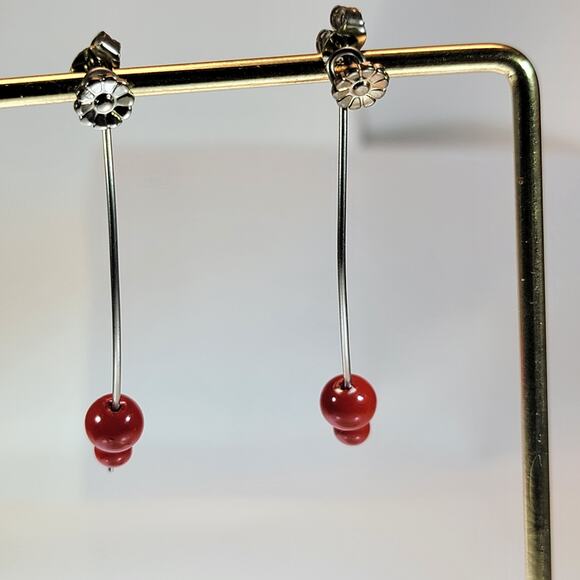 Vintage Red Bead Dangle Earrings – Floral Metal Back with Long Hook Design - Picture 4 of 10
